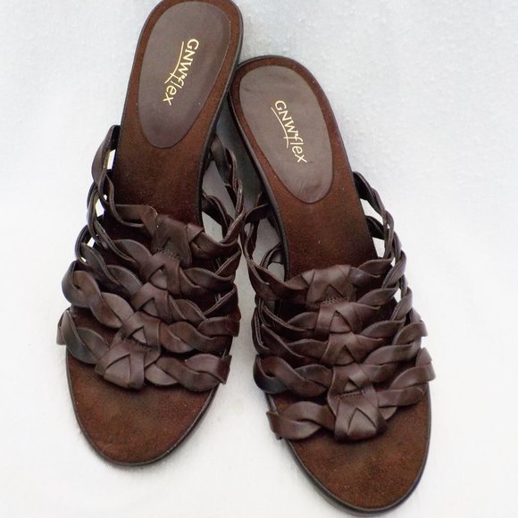 Like New GNW Flex Braided Slide Wedge Sandals Leather Upper Choc Brown SZ 8.5 M - Picture 1 of 12